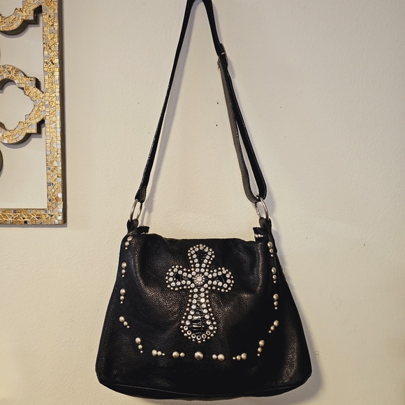 Leatherock USA Emb. Crystal Cross Blk. Studded Handbag Vintage EUC - Picture 6 of 8